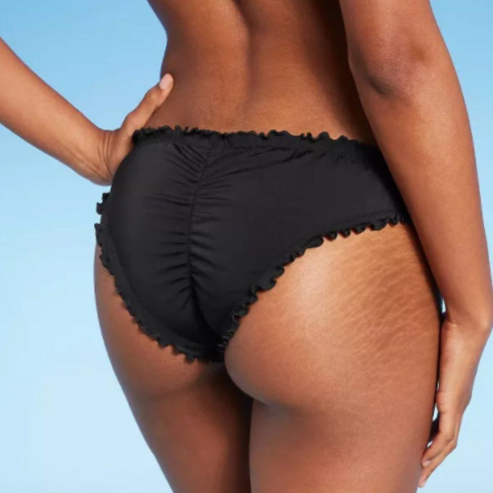 Shade & Shore Women’s Black Swim Large Bikini Bottom Cheeky Ruffle Swimwear NWT